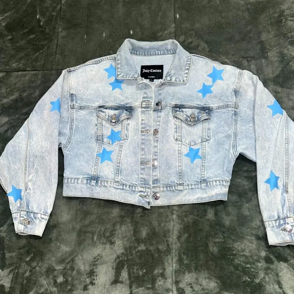 Juicy Couture Denim Jacket Girl's Large Blue Star Stretch Cropped Button Front‎